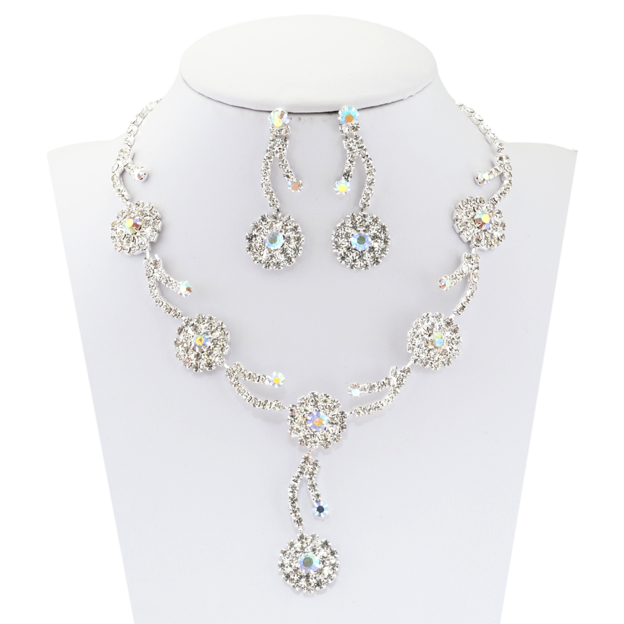 Набор Серьги Колье Цветочные мотивы с радужными кристаллами и стразами длина 35-55см х 3мм фото №1