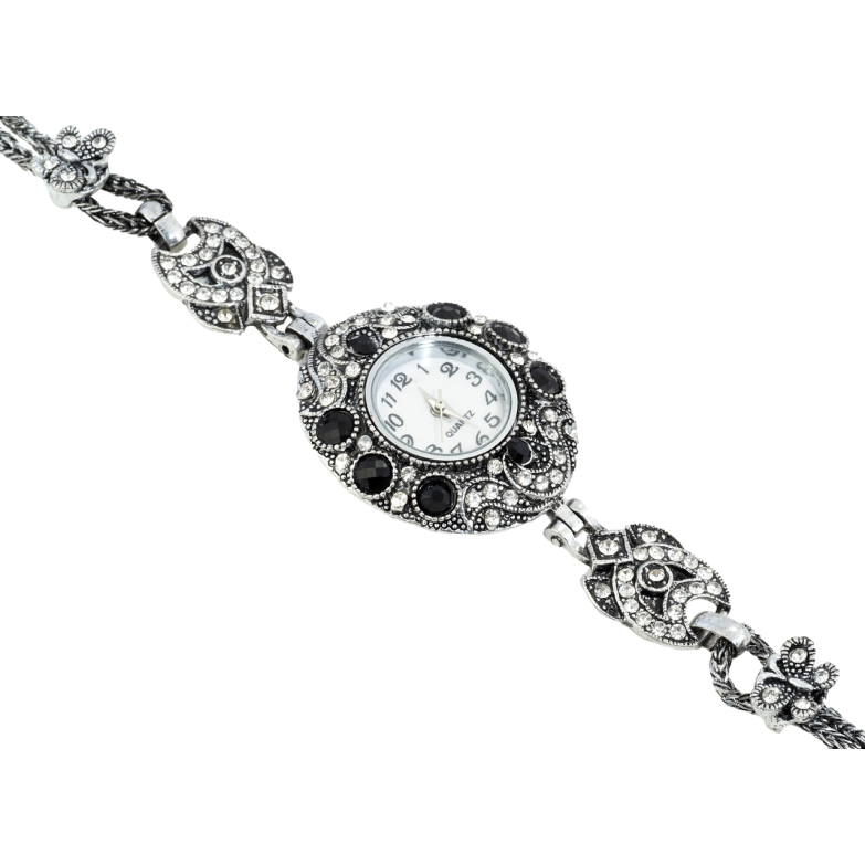 Браслет Декоративные часы с стразами и черными кристаллами длина 19см х 5-29мм ЧАСЫ НЕ РАБОТАЮТ! фото №2