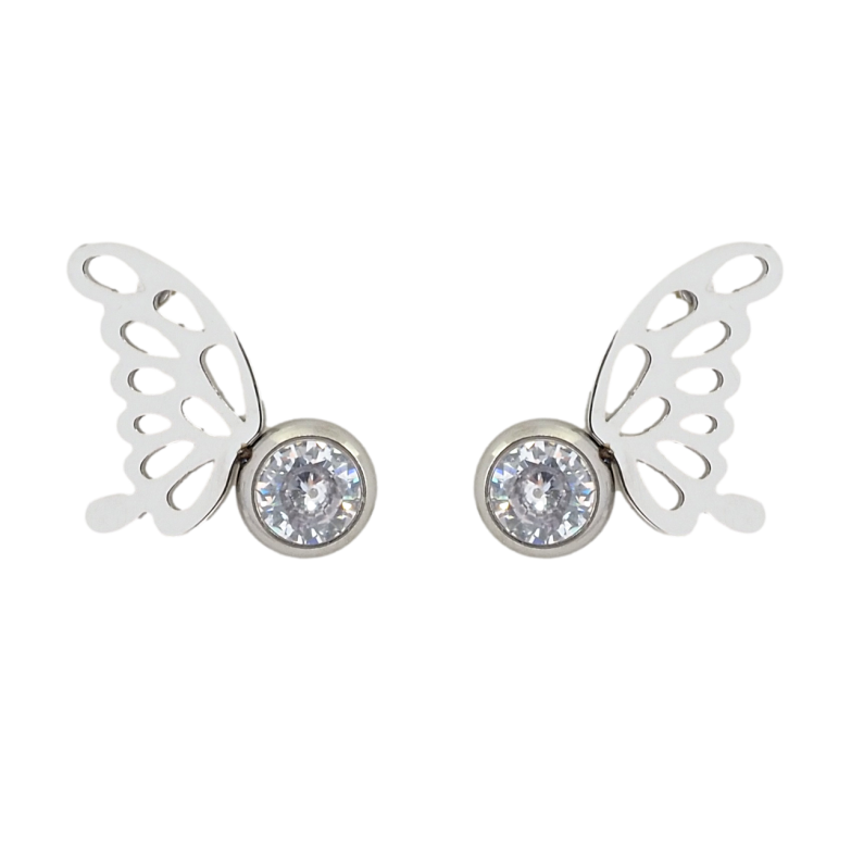 Сережки Xuping TTM Stainless Steel колір Родій пусети Крила метелика на фіанітах фото №1