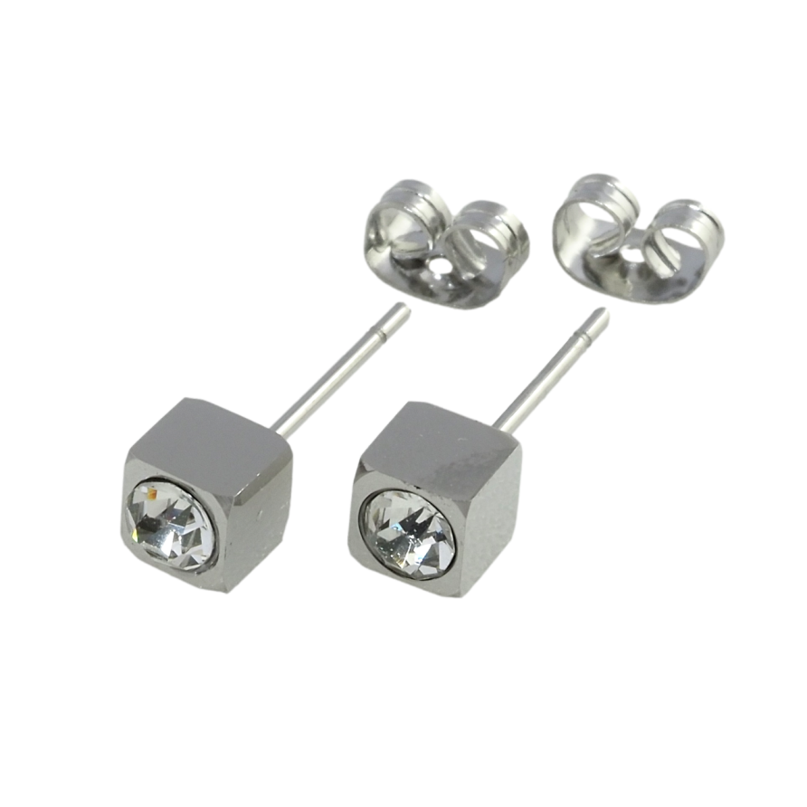 Серьги Xuping TTM Stainless Steel цвет Родий пусеты Кубики с фианитами 5х5мм фото №1