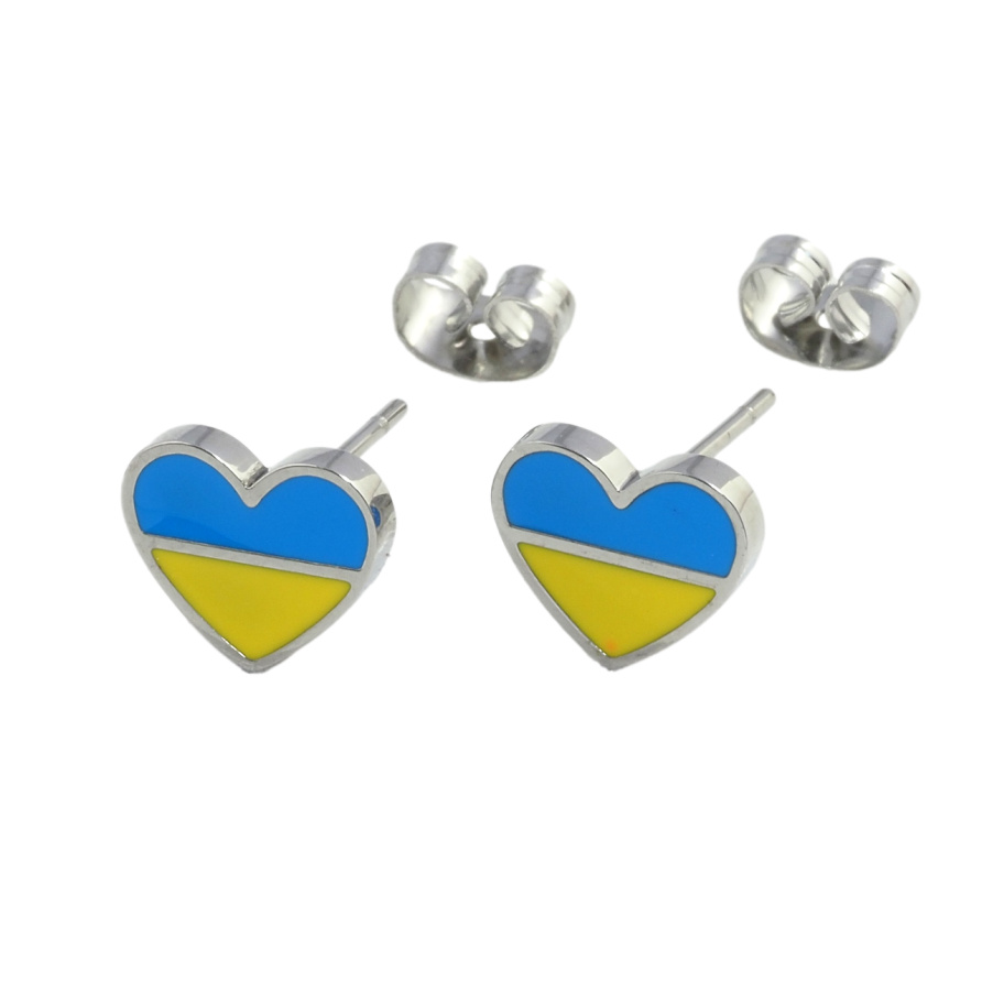 Сережки Xuping TTM Stainless Steel колір Родій пусети Сердечки Патріотичні жовто-блакитні фото №1 Сережки Xuping TTM Stainless Steel колір Родій пусети Сердечки Патріотичні жовто-блакитні фото №1