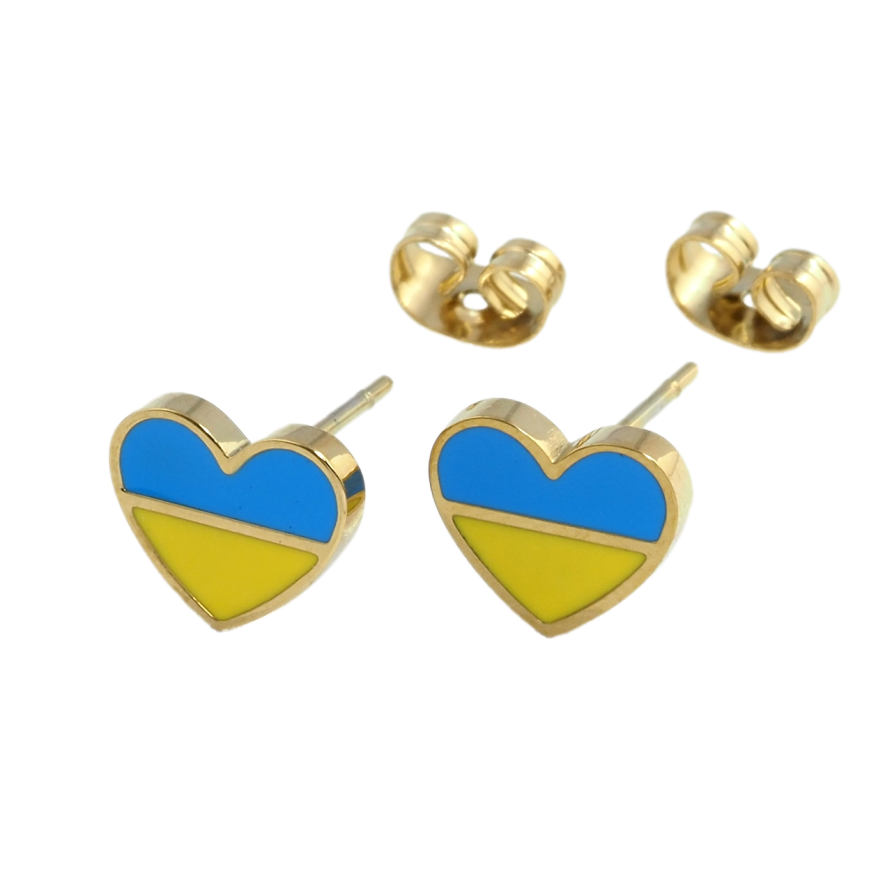 Серьги Xuping TTM Stainless Steel цвет 14К пусеты Сердечки Патриотические желто-голубые фото №1