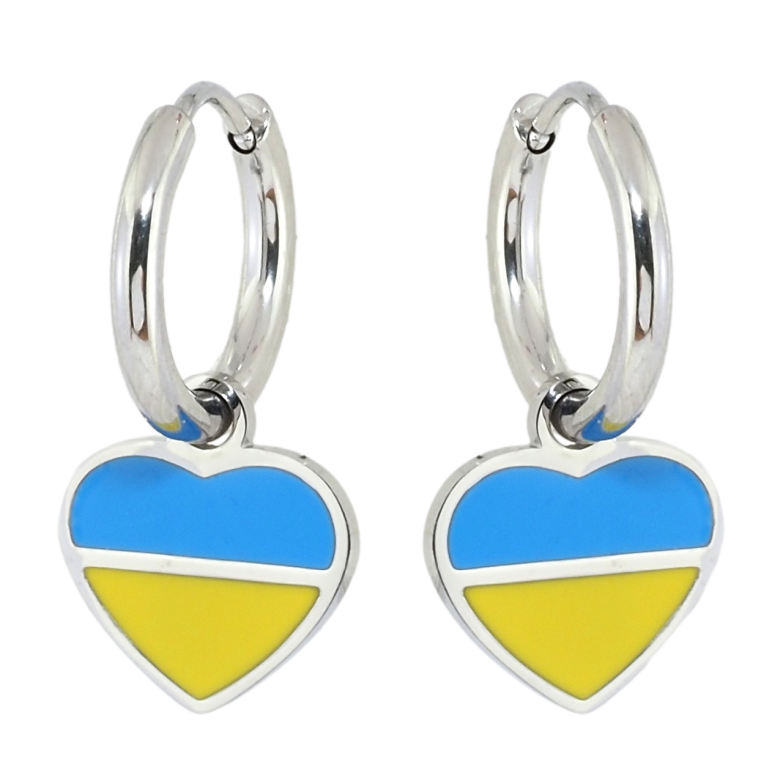 Сережки Xuping TTM Stainless Steel колір Родій підвіски на колечках Сердечки Патріотичні жовто-блакитні фото №1 Сережки Xuping TTM Stainless Steel колір Родій підвіски на колечках Сердечки Патріотичні жовто-блакитні фото №1