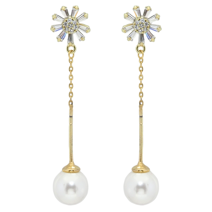 Серьги Xuping QQMM Позолота 14K пусеты Кристальные цветочки с жемчужными подвесками фото №6