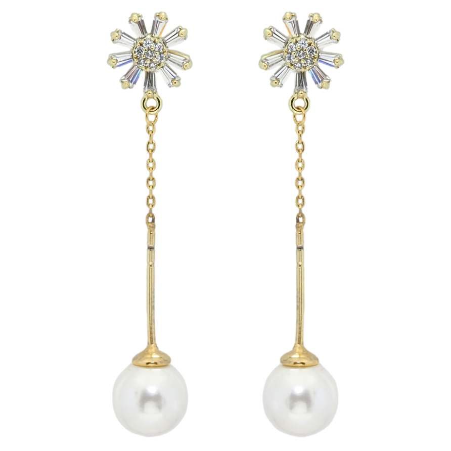 Серьги Xuping QQMM Позолота 14K пусеты Кристальные цветочки с жемчужными подвесками фото №1