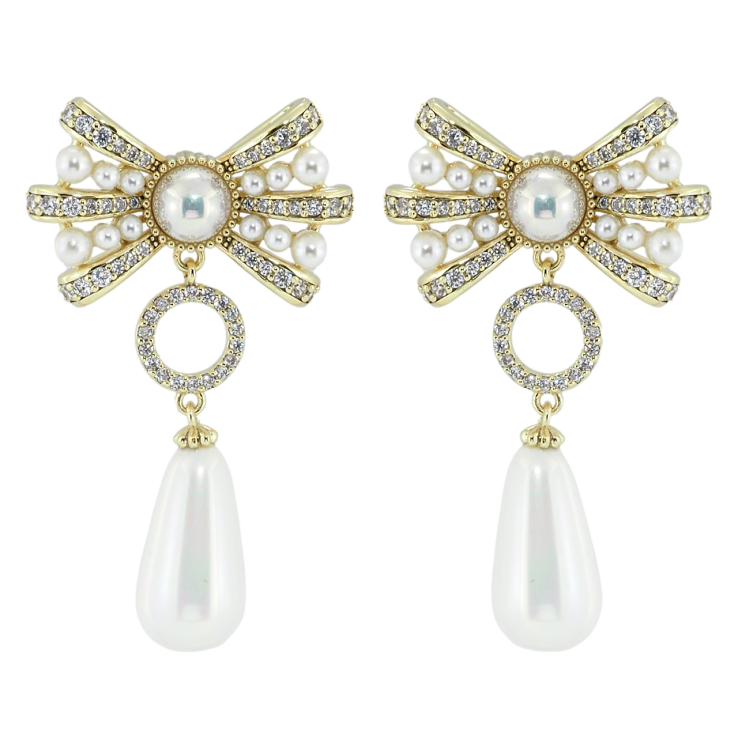 Серьги Xuping QQMM Позолота 14K пусеты Жемчужные банты с подвесками фото №3