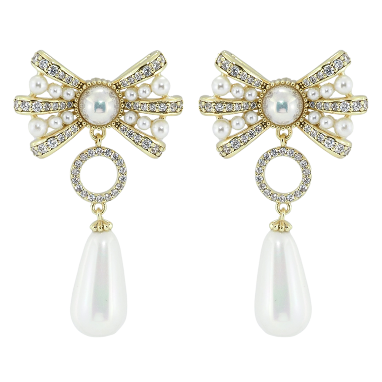 Серьги Xuping QQMM Позолота 14K пусеты Жемчужные банты с подвесками фото №1