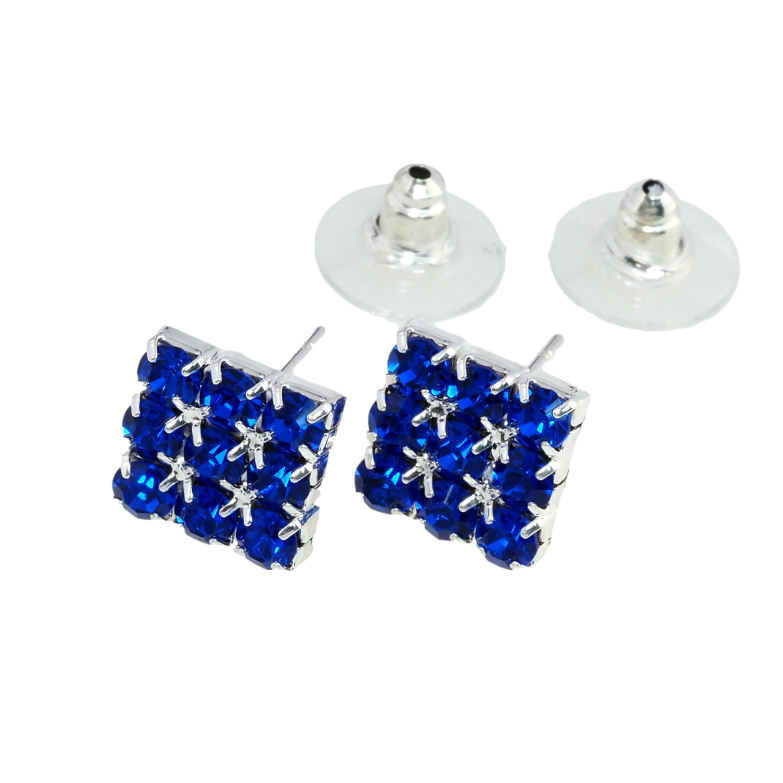 Сережки пусети Квадрат з синіми стразами 10х11мм фото №1