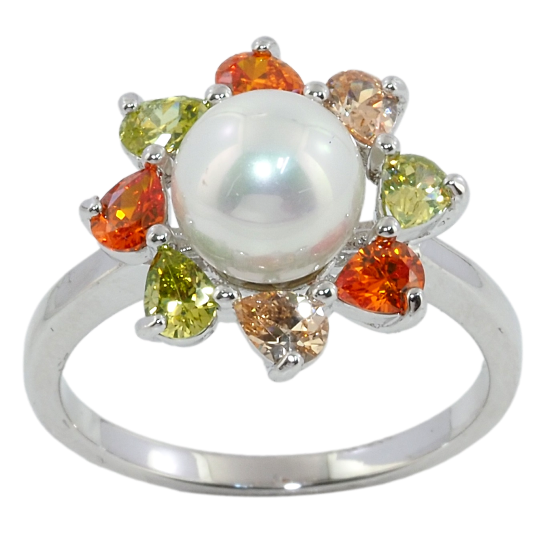 Кольцо Xuping Родий Цветок Вставка Жемчужина Лепестки Цветные Кристаллы Капельки фото №2