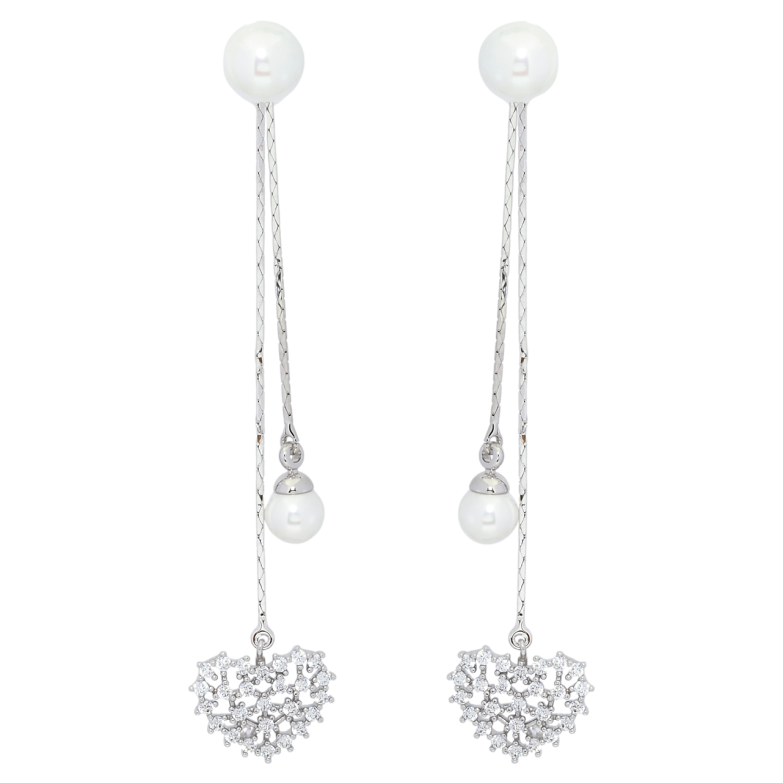 Серьги Xuping Родий пусеты Жемчужные подвески с сердечками ø 8мм, 2 в 1 фото №4