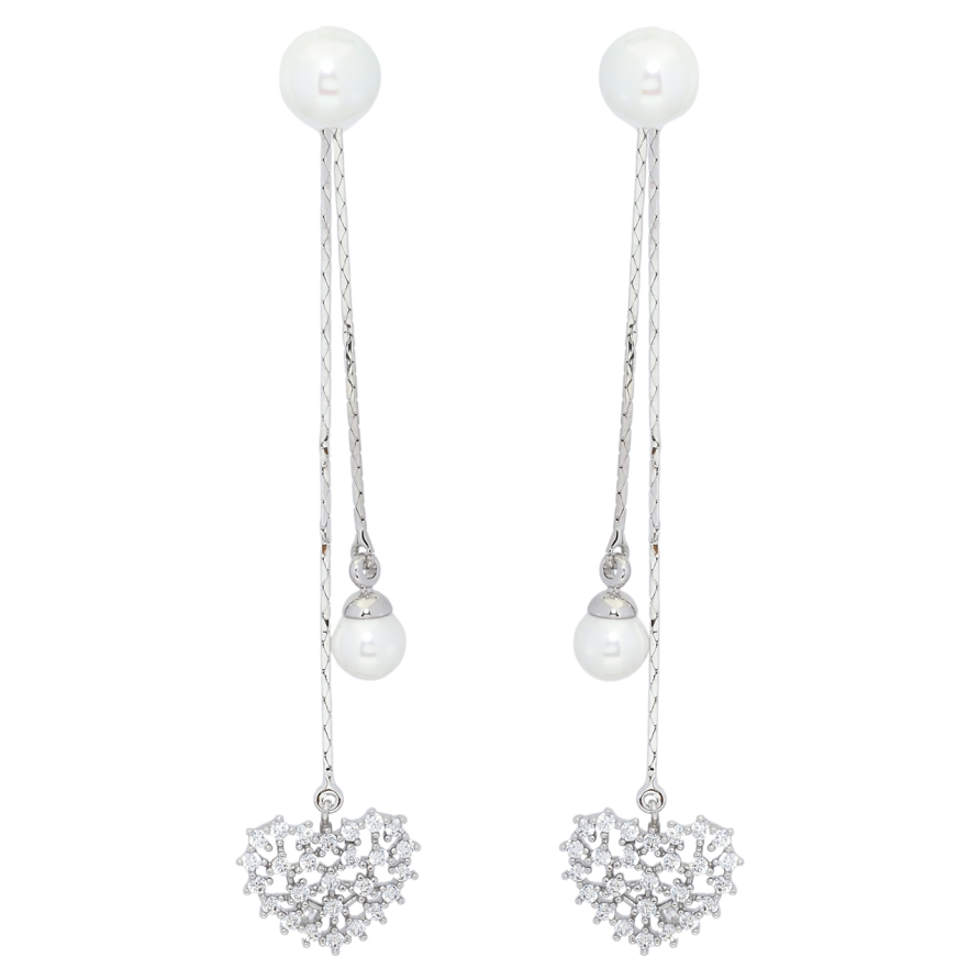 Серьги Xuping Родий пусеты Жемчужные подвески с сердечками ø 8мм, 2 в 1 фото №1