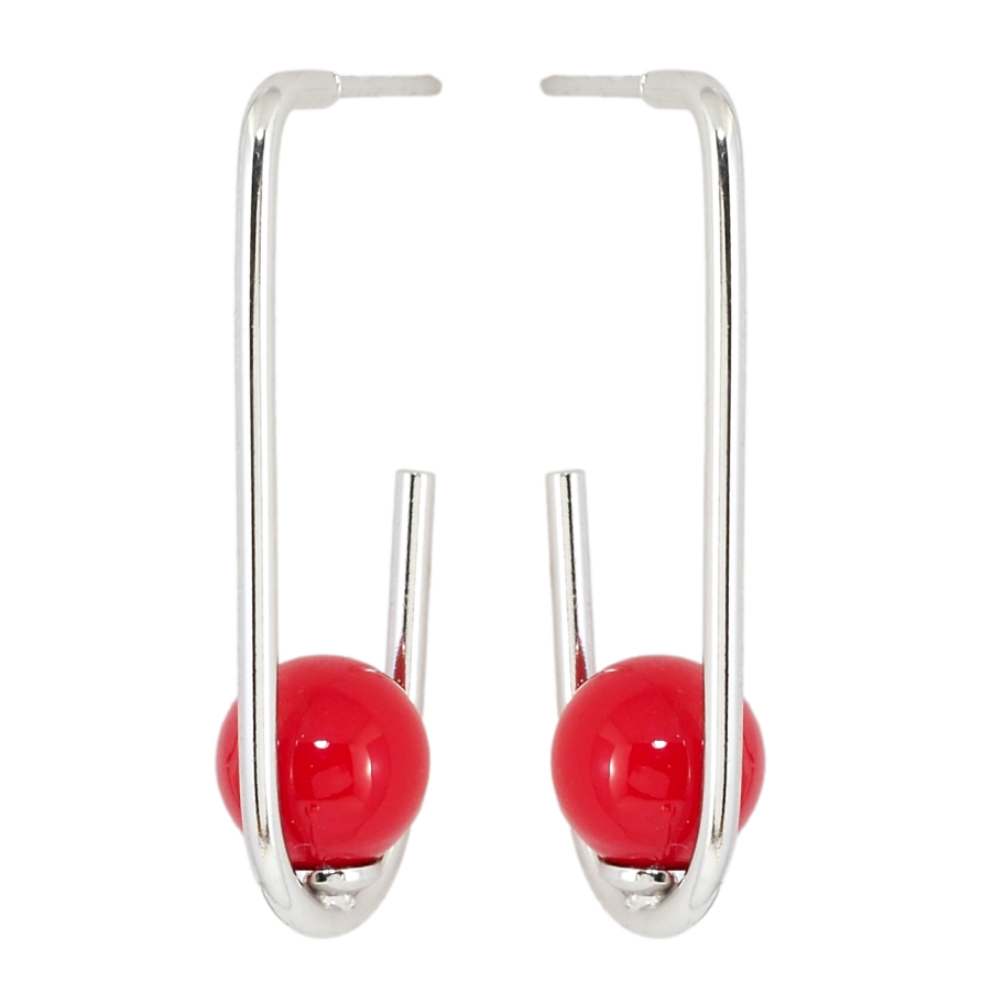 Серьги Xuping Родий пусеты Петельки с красными шариками фото №1