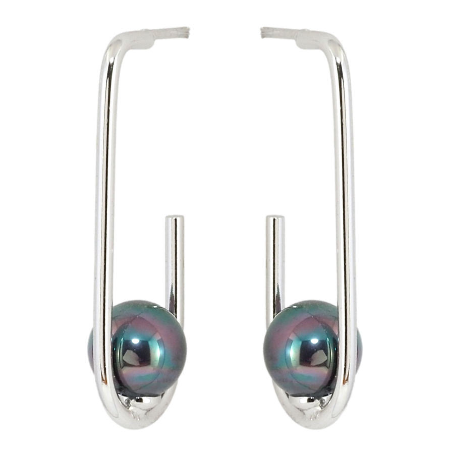 Серьги Xuping Родий пусеты Петельки с черными жемчужинами фото №1