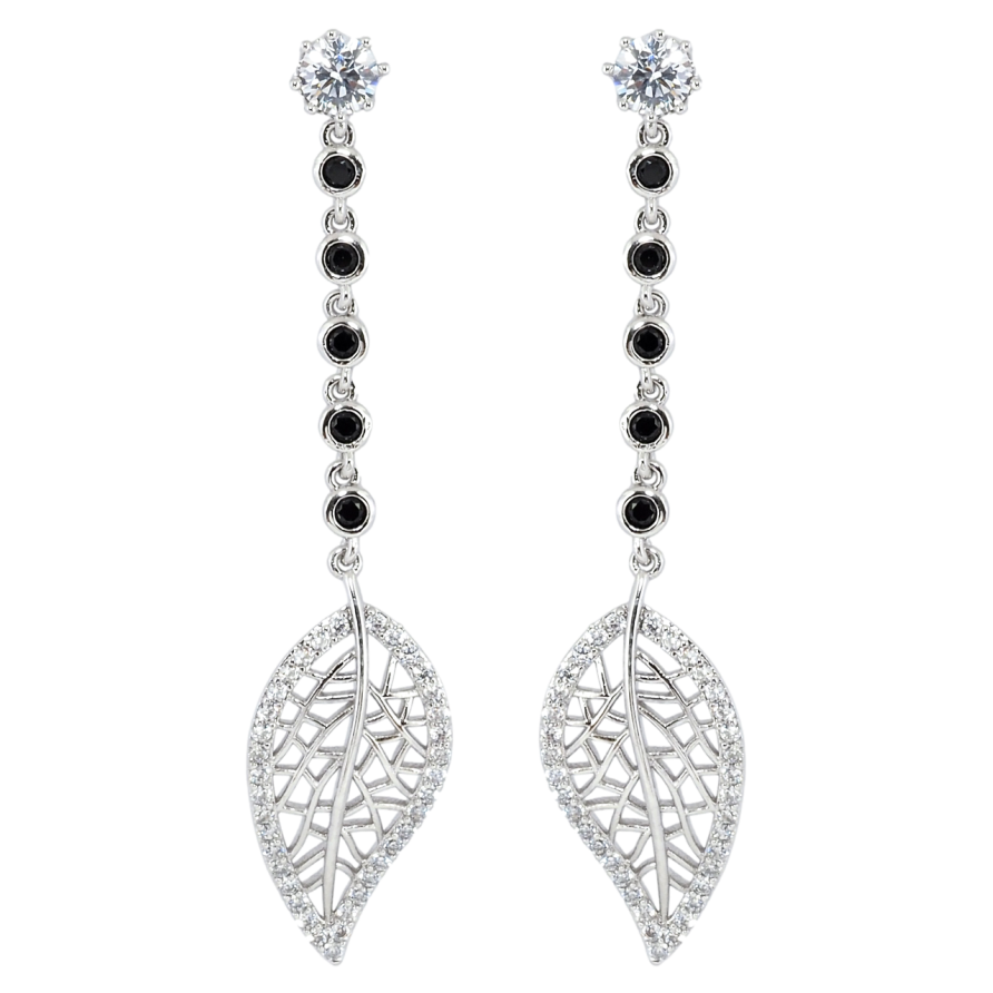 Серьги Xuping Родий пусеты Резные листики на дорожке черного циркония фото №1