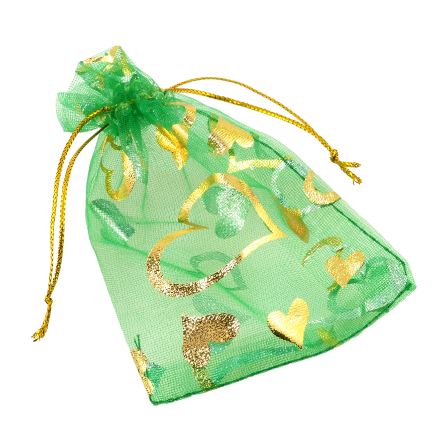 Мішечок подарунковий з органзи Візерунок сердечки, колір зелений розмір 7х9см ціна за 1 шт. фото №1