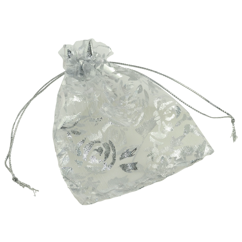 Мешочек подарочный из органзы Цветочный узор, цвет серебристый размер 8х12см цена за 1 шт. фото №1
