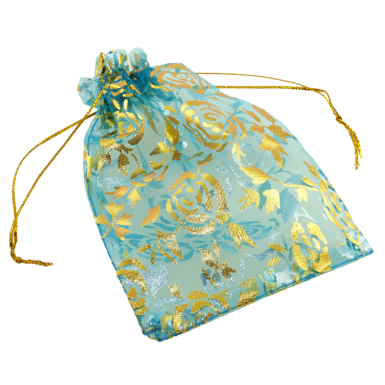 Мішечок подарунковий з органзи Квітковий візерунок, колір бірюзовий розмір 10х13см ціна за 1 шт. фото №2 Мішечок подарунковий з органзи Квітковий візерунок, колір бірюзовий розмір 10х13см ціна за 1 шт. фото №2