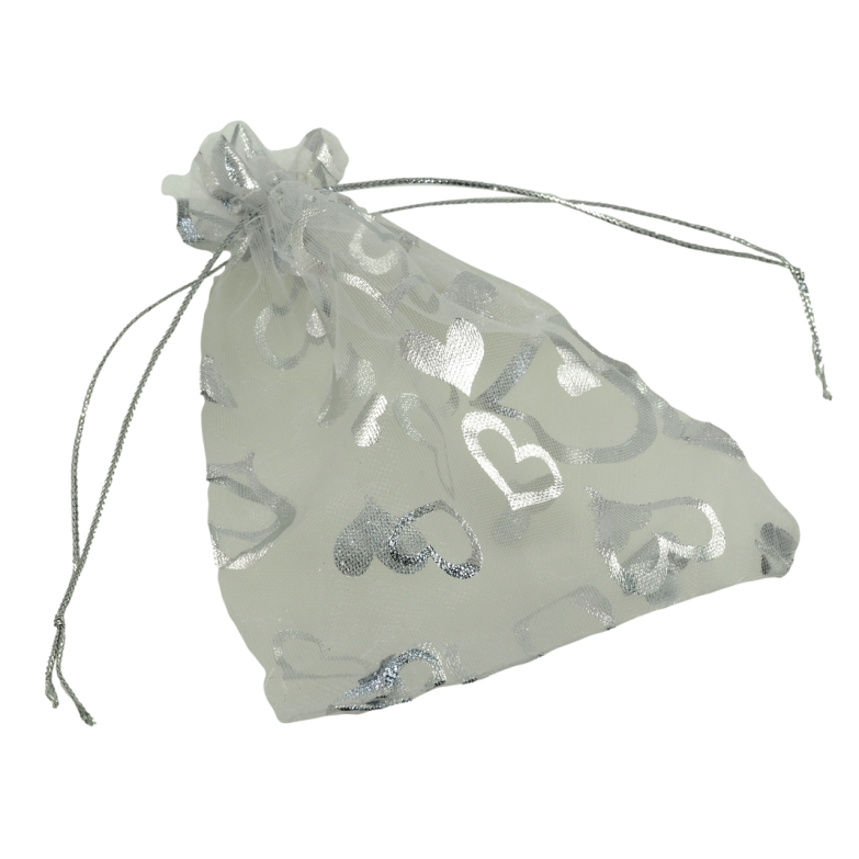 Мішечок подарунковий з органзи Візерунок сердечки, колір сріблястий розмір 10х13см ціна за 1 шт. фото №1