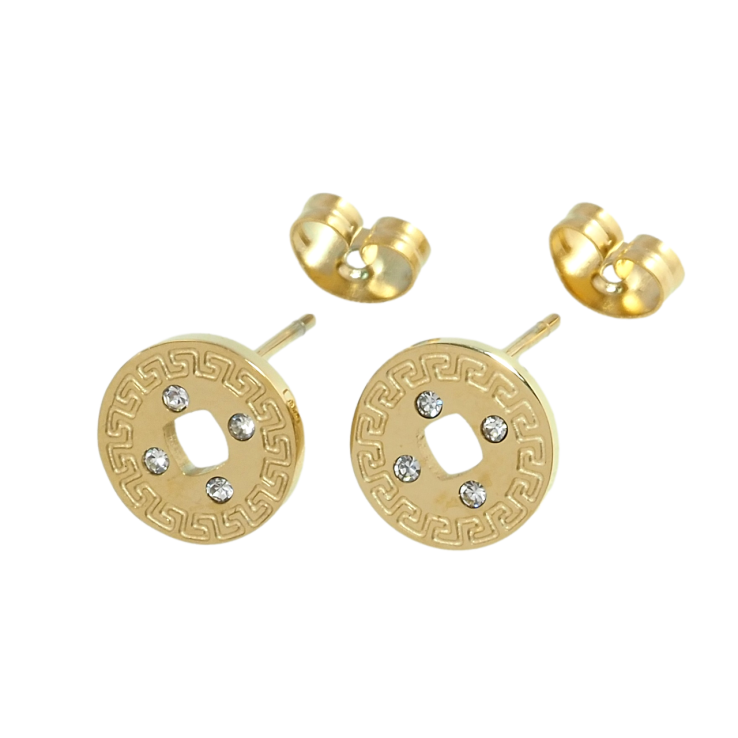 Серьги Xuping TTM Stainless Steel цвет 14K пусеты Греческий узор с цирконием ø 10мм фото №2