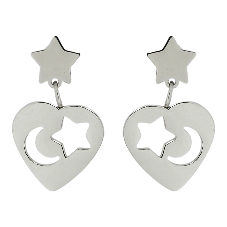 Серьги Xuping TTM Stainless Steel цвет Родий пусеты Звездочки с подвесками сердечками фото №5