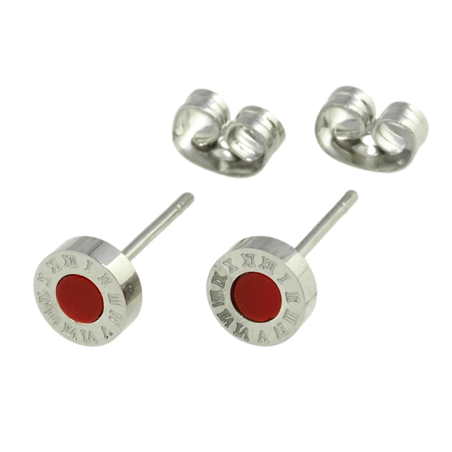 Серьги Xuping TTM Stainless Steel цвет Родий пусеты Циферблат с красными вставками ø 6мм фото №1