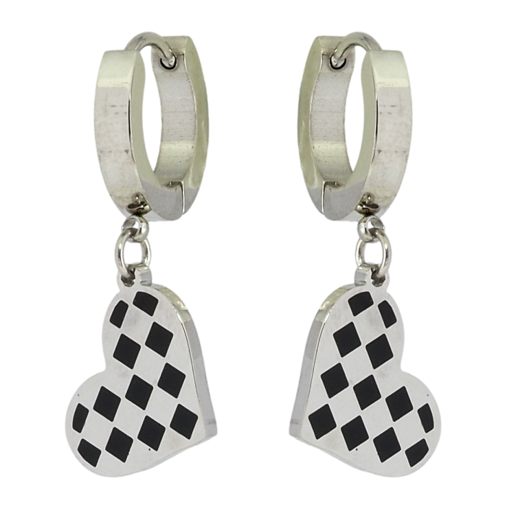 Сережки Xuping TTM Stainless Steel колір Родій підвіски на колечках Сердечки з шаховим візерунком фото №10 Сережки Xuping TTM Stainless Steel колір Родій підвіски на колечках Сердечки з шаховим візерунком фото №10