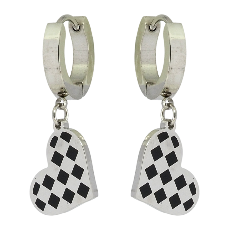 Сережки Xuping TTM Stainless Steel колір Родій підвіски на колечках Сердечки з шаховим візерунком фото №1