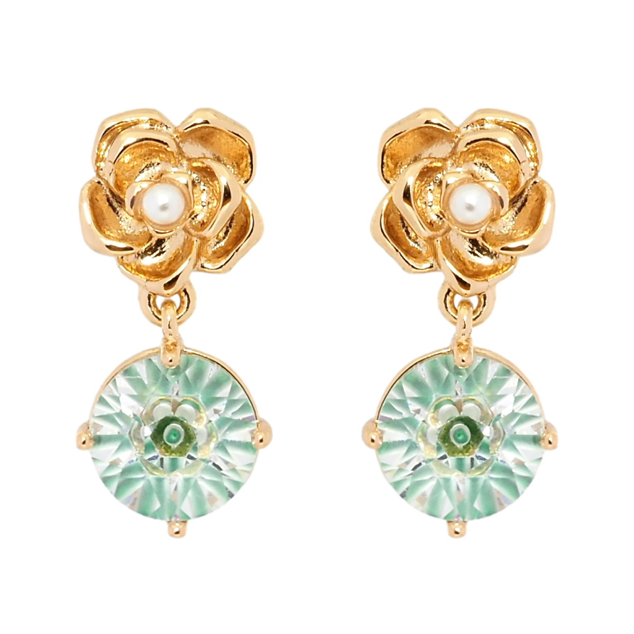 Серьги Xuping Позолота 18K пусеты Цветочки с декоративным зеленым фианитом фото №1