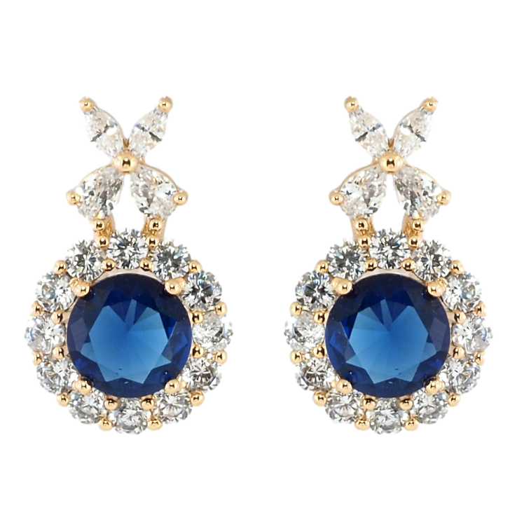 Сережки Xuping Позолота 18K пусети Сині фіаніти в обрамленні цирконію з квіткою фото №7
