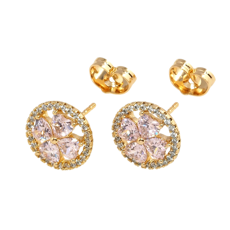 Сережки Xuping Позолота 18K пусети Квіточка з рожевих фіанітів у кільці цирконію фото №3 Сережки Xuping Позолота 18K пусети Квіточка з рожевих фіанітів у кільці цирконію фото №3