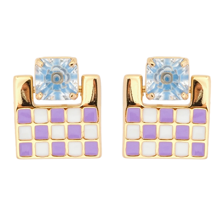 Сережки Xuping Позолота 18K пусети Шаховий візерунок біло-бузковою емаллю з блакитним фіанітом фото №3