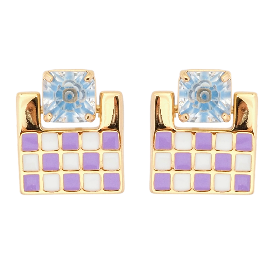 Сережки Xuping Позолота 18K пусети Шаховий візерунок біло-бузковою емаллю з блакитним фіанітом фото №1 Сережки Xuping Позолота 18K пусети Шаховий візерунок біло-бузковою емаллю з блакитним фіанітом фото №1