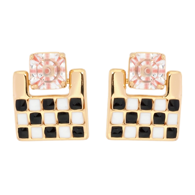 Серьги Xuping Позолота 18K пусеты Шахматный узор бело-черной эмалью с розовым фианитом фото №4
