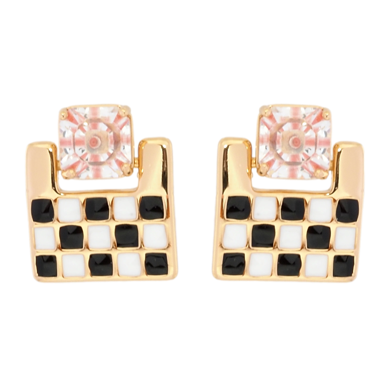 Серьги Xuping Позолота 18K пусеты Шахматный узор бело-черной эмалью с розовым фианитом фото №1