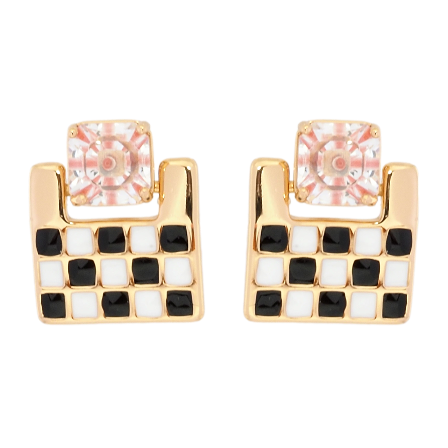 Серьги Xuping Позолота 18K пусеты Шахматный узор бело-черной эмалью с розовым фианитом фото №1