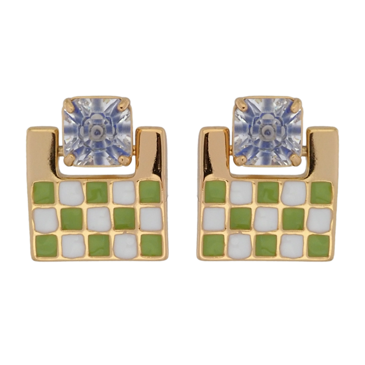 Серьги Xuping Позолота 18K пусеты Шахматный узор бело-зеленой эмалью с голубым фианитом фото №7