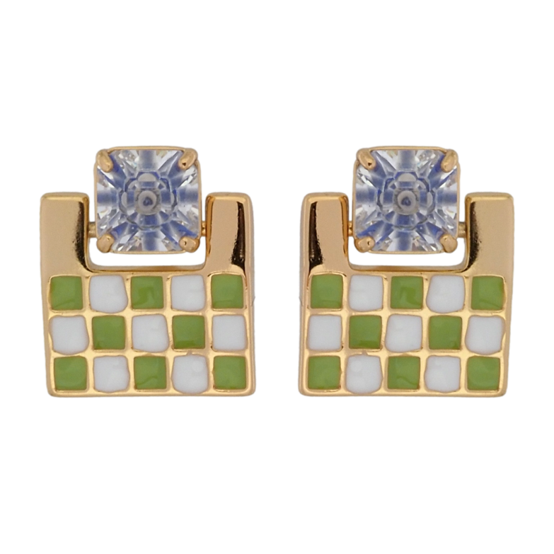 Серьги Xuping Позолота 18K пусеты Шахматный узор бело-зеленой эмалью с голубым фианитом фото №1