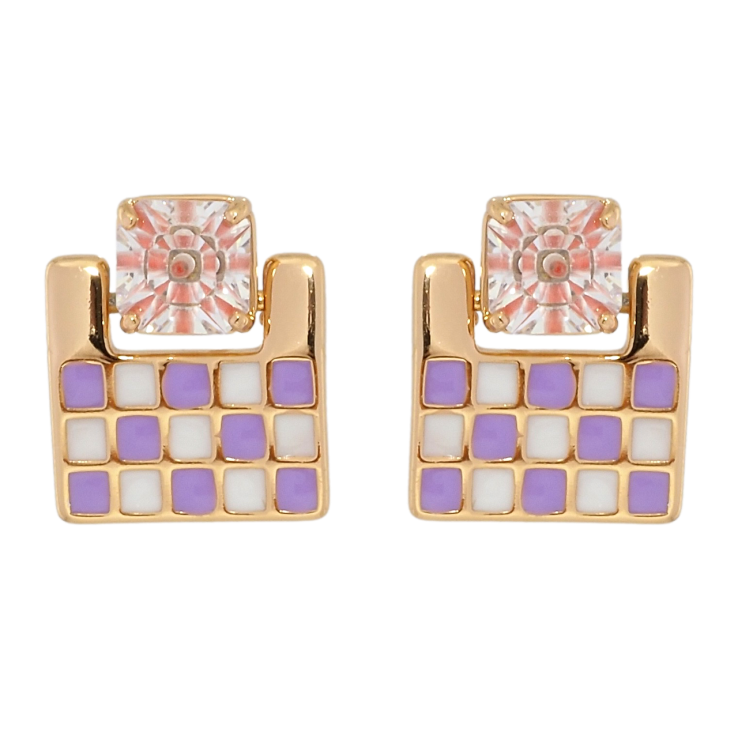 Сережки Xuping Позолота 18K пусети Шаховий візерунок біло-бузковою емаллю з рожевим фіанітом фото №2