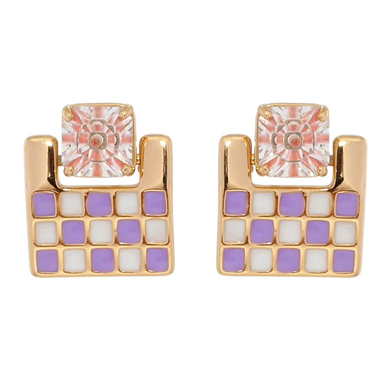 Серьги Xuping Позолота 18K пусеты Шахматный узор бело-сиреневой эмалью с розовым фианитом фото №1