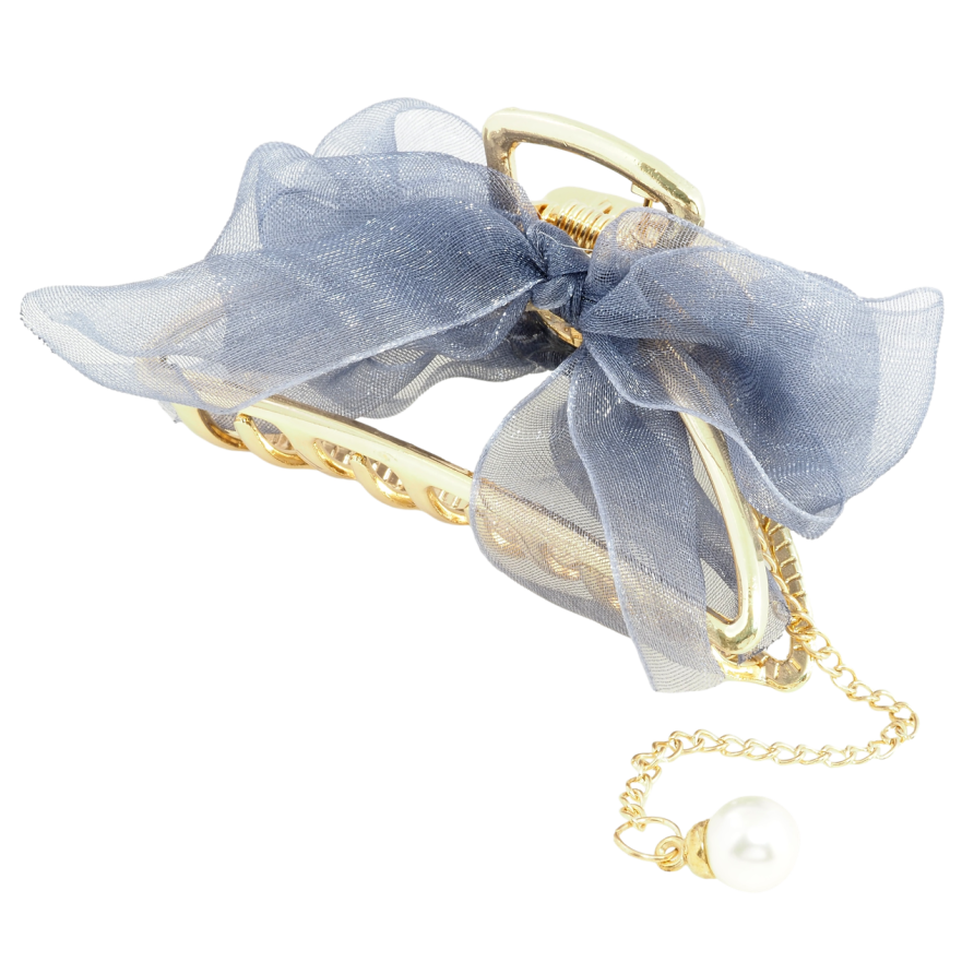 Краб металлический Полумесяц с бантом, съёмная жемчужная подвеска длина 7.5см фото №1