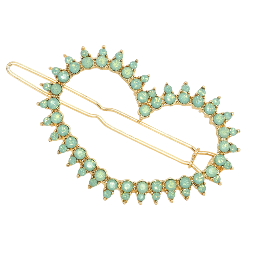 Заколка-затискач Серце із салатовими кристалами довжина 5см фото №1