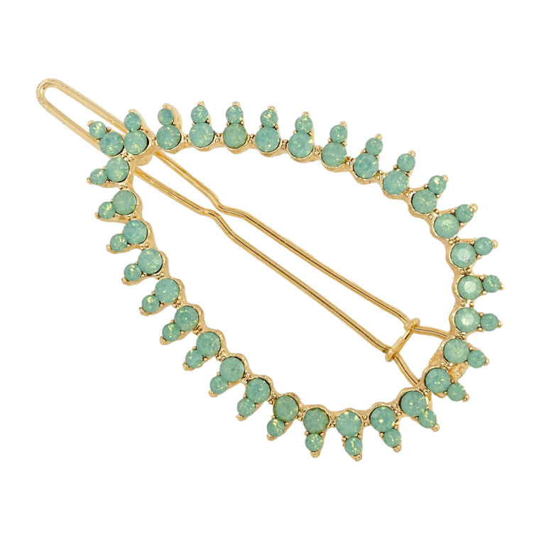 Заколка-затискач Листок із зеленими кристалами довжина 5см фото №1