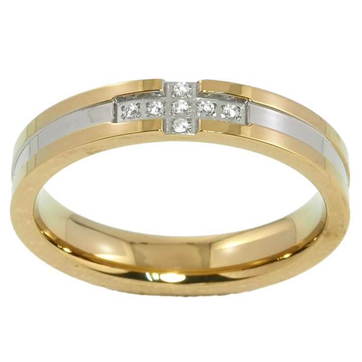 Каблучка Xuping TTM Stainless Steel Колір 14К + Родій Хрестик цирконієм, ш.4мм фото №7