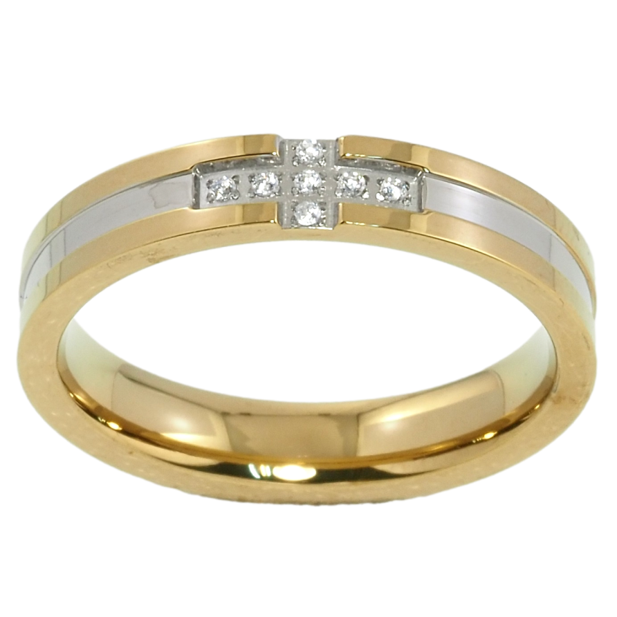 Каблучка Xuping TTM Stainless Steel Колір 14К + Родій Хрестик цирконієм, ш.4мм фото №1