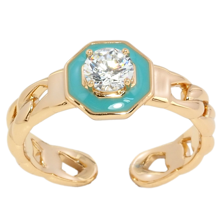 Кольцо Xuping Позолота 18K Узор цепочка с бирюзовой эмалью и фианитом фото №5