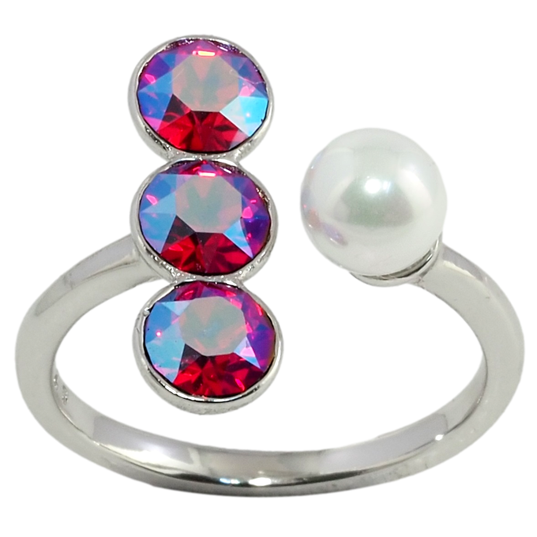 Каблучка Xuping колір Родій з кр-ми Swarovski Три кристали Light Siam Shimmer з перлиною фото №1