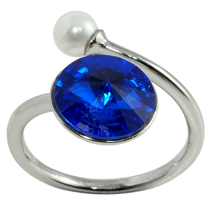 Каблучка Xuping колір Родій з кр-ми Swarovski Кристал Bermuda Blue з перлиною, ø 5мм и 11мм фото №4