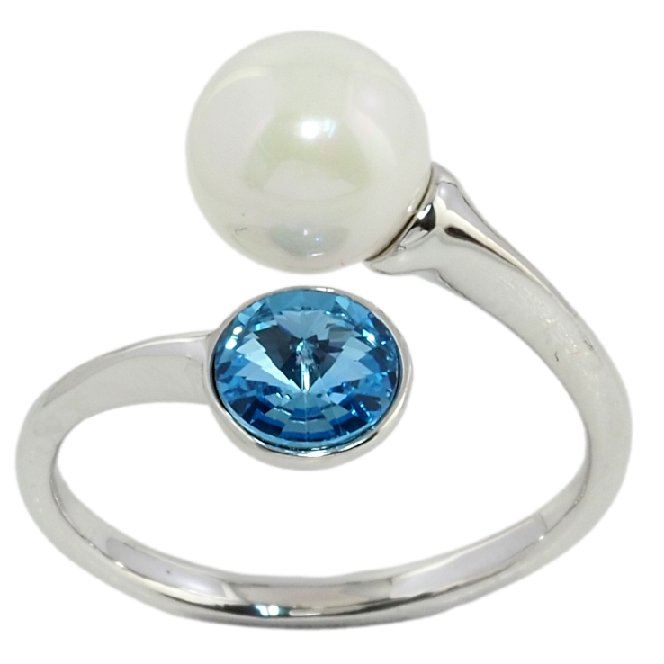 Каблучка Xuping колір Родій з кр-ми Swarovski Кристал Aquamarine з перлиною фото №12