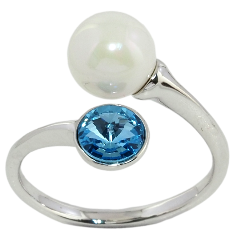 Кольцо Xuping цвет Родий с кр-ми Swarovski Кристалл Aquamarine с жемчужиной фото №6