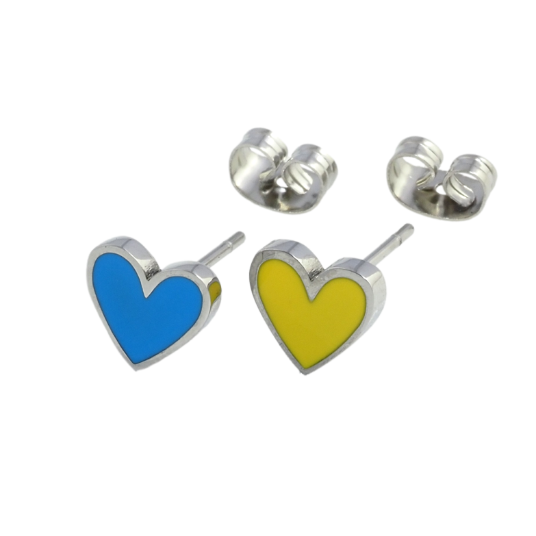 Сережки Xuping TTM Stainless Steel колір Родій пусети Сердечки Патріотичні жовто-блакитні фото №1